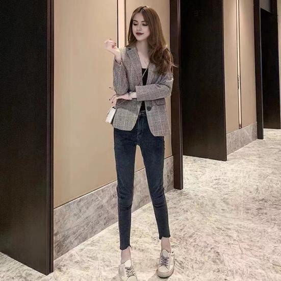 Женский весенне-осенний костюм, пальто с лацканами, однобортный пиджак с длинными рукавами и клетчатым принтом, деловая верхняя одежда с карманами и клапанами