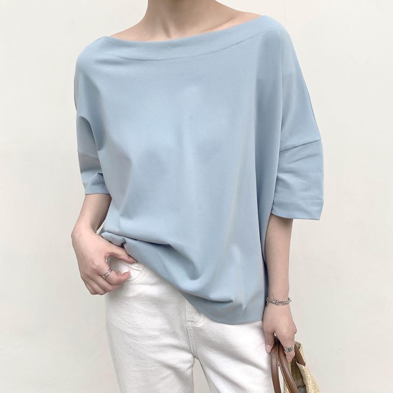 Новая летняя стильная японская однотонная футболка с коротким рукавом и воротником, простая однотонная повседневная свободная трикотажная футболка с рукавом пять четвертей для женщин