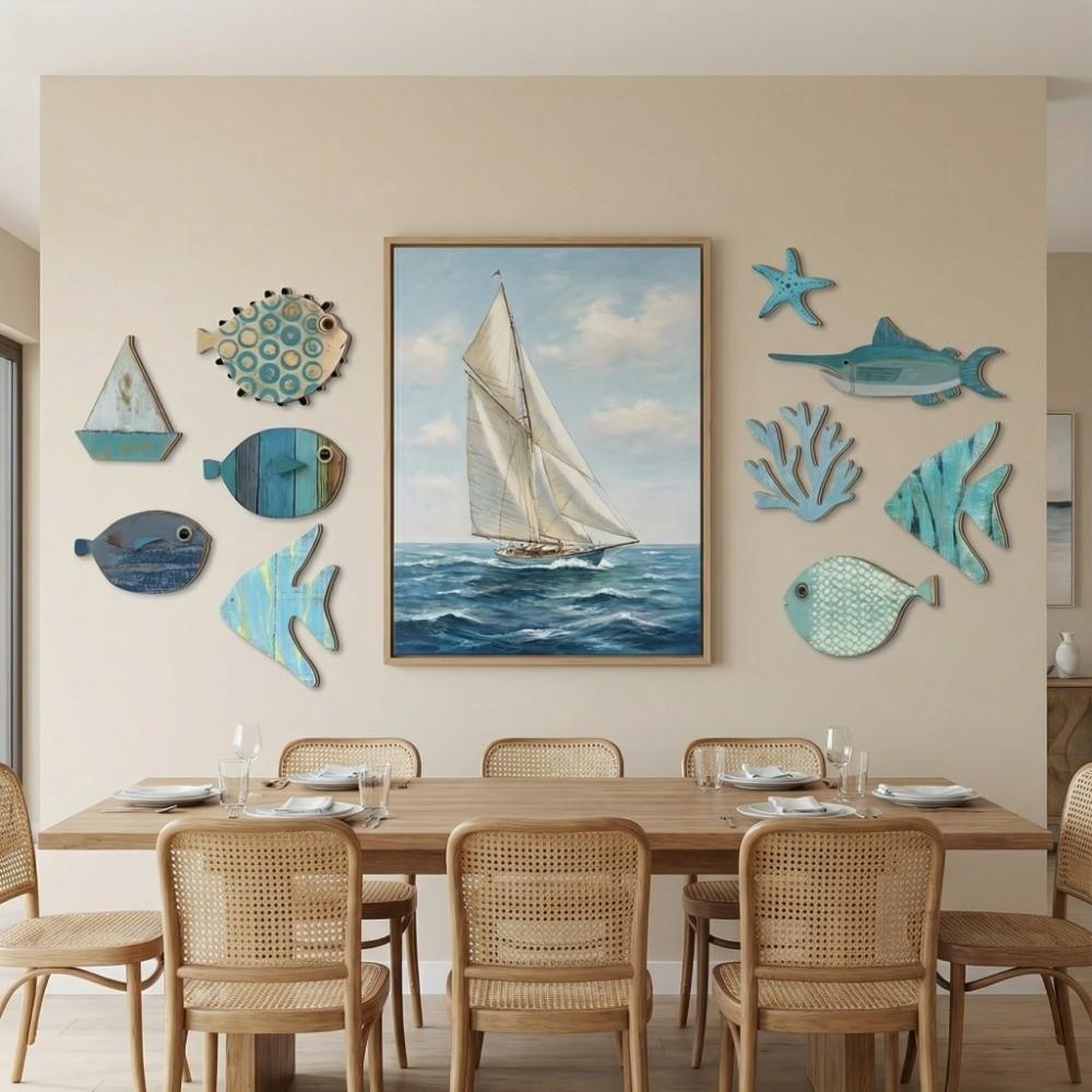 10Pcs Rustic Ocean Animal Decoration Retro Fish Decorative Plate Vintage Fish Wall Decor Cafe Bar