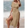 Vacation Solid Color Sexy Short Sleeve High Split Crochet Knitted Tunic Beach Cover Up Cover-ups Beach Dress Beach Wear Beachwear Female Women