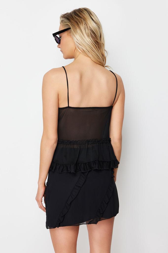 Women's Fashion New Blouse Black Tulle Tie Detailed Strap Stretchy Knitted Blouse