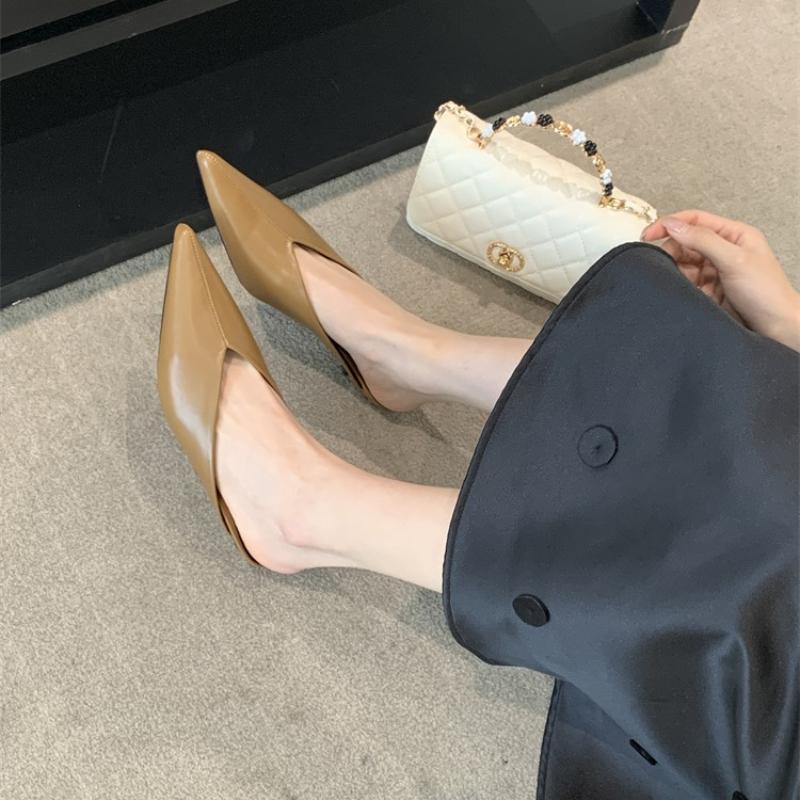 Женские тапочки на среднем каблуке Элегантные мюли Остроносые босоножки Сексуальные летние туфли на высоком каблуке Новые удобные офисные женские сандалии из искусственной кожи