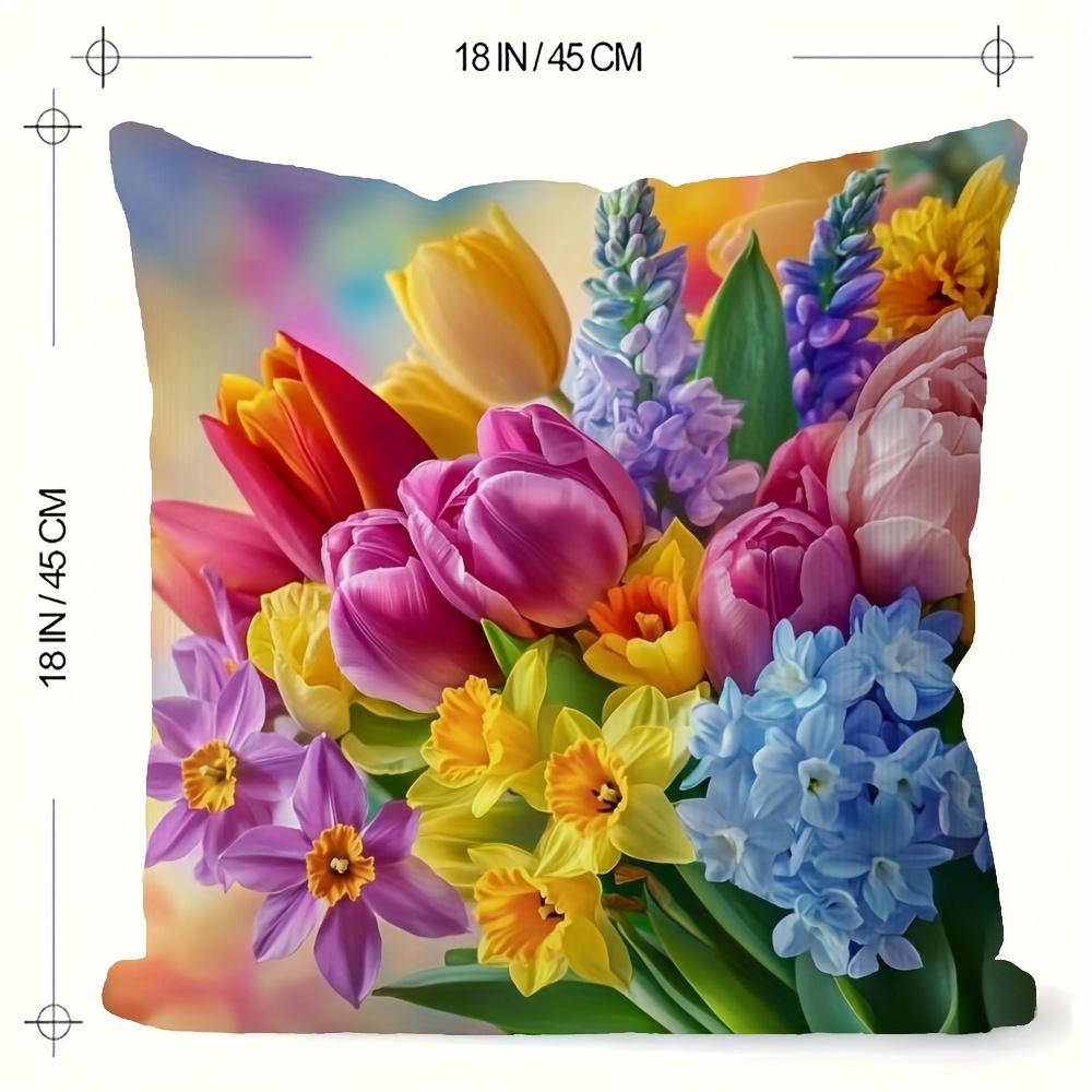 1Pc 2D Flat Retro Dutch Floral Pillowcase Double Sided Spring Flower Cushion Cover Zipper Closure Bright Color Tulip Dandelion