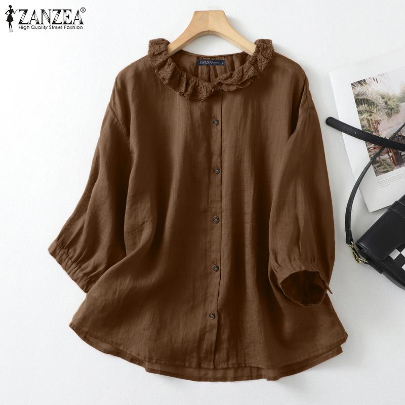 ZANZEA Womens Lace Splice Round Neck 3/4 Sleeve Loose Blouse