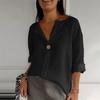 New Summer V-Neck Cotton Linen Loose Button T-Shirt for Women, Cross-border European American Casual Top
