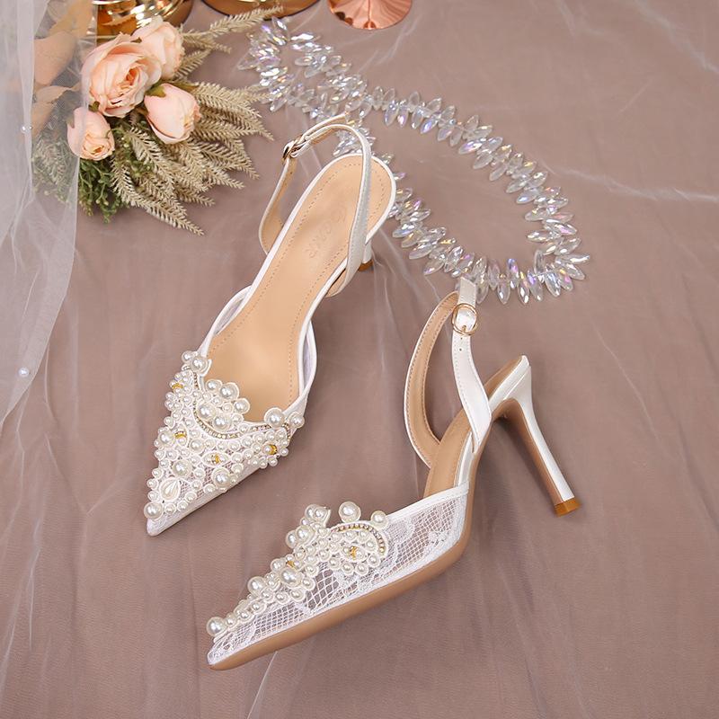 Sandals Shoes for Women 2024 White Luxury Wedding Shoes Bridal Female Lace Fashion High Heels Pearl Summer Footwear Pointed Toe