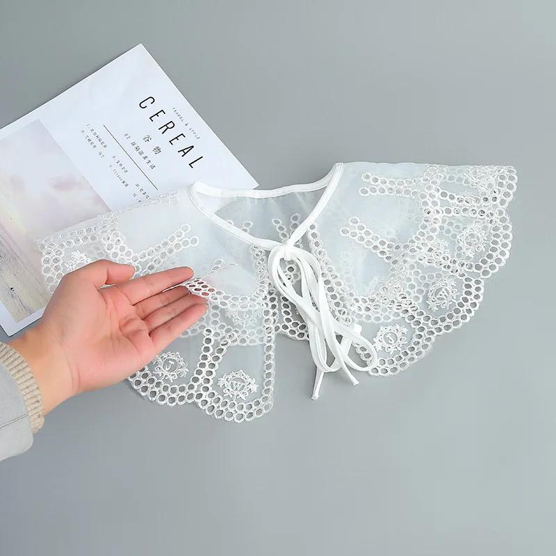Linbaiway Double Layers Fake Collars Shawl Girls Hollow Out Removable Shirt Detachable Collar Women Lapel Blouse Lace-Up Scarf