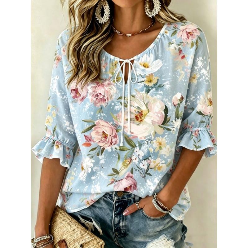 Women's Light Grey Purple Iris Palm Leaf Floral Print Tie V Neck Ruffle 3/4 Sleeve Elegant Soft Spring Blouse