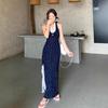 Французский holiday style синее платье-слинг с цветочным принтом детское летнее новое платье с разрезом и кружевом