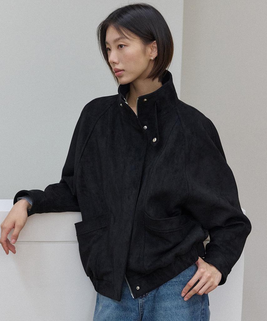 OURHOPE Curved High-Neck Suede Jacket - Black