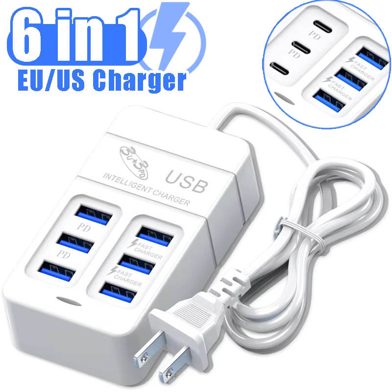 6 в 1 USB зарядное устройство 35 Вт PD Type C быстрое зарядное устройство настенный телефонный адаптер быстрое зарядное устройство 3.0 USB концентратор EU US вилка USB зарядное устройство Type C
