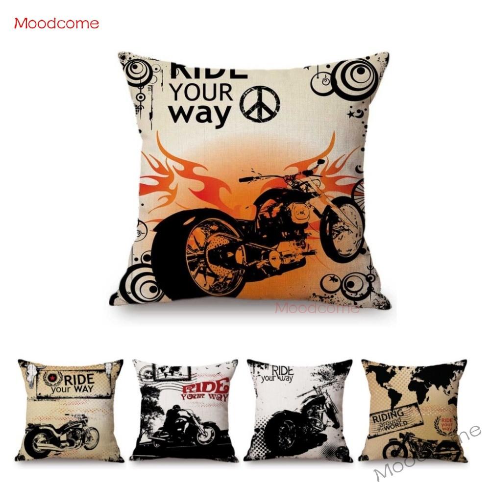 Retro Motorcycle Poster Art Letter Print Ride Your Way Home Decoration Throw Pillow Case Vintage Motor Bike Sofa Cushion Cover