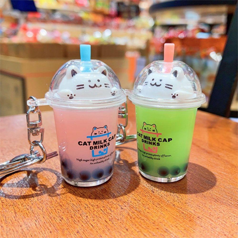 Women Liquid Fruit Cup Milk Tea Floating Cute Cat Key Chain Fashion Accessories Jewelry Key Ring