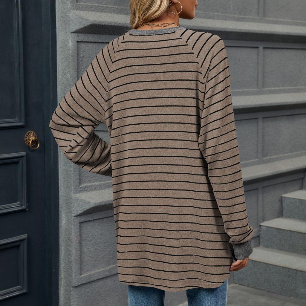 Женские осенне-зимние свитера в полоску контрастного цвета с круглым вырезом и длинным рукавом, с карманом, толстовка с капюшоном, футболка для женщин