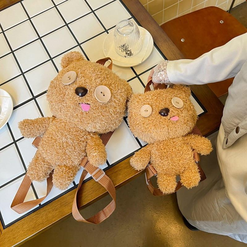 Button Bear Eyes Cartoon Plush Backpack Cute Girl Bag For School Travel And