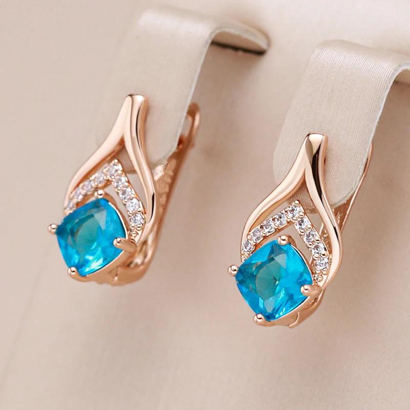 Delicate Golden Color Drop Earrings for Women Luxury Square Aqua Blue Zircon Accessories Best Gift Daily Jewelry