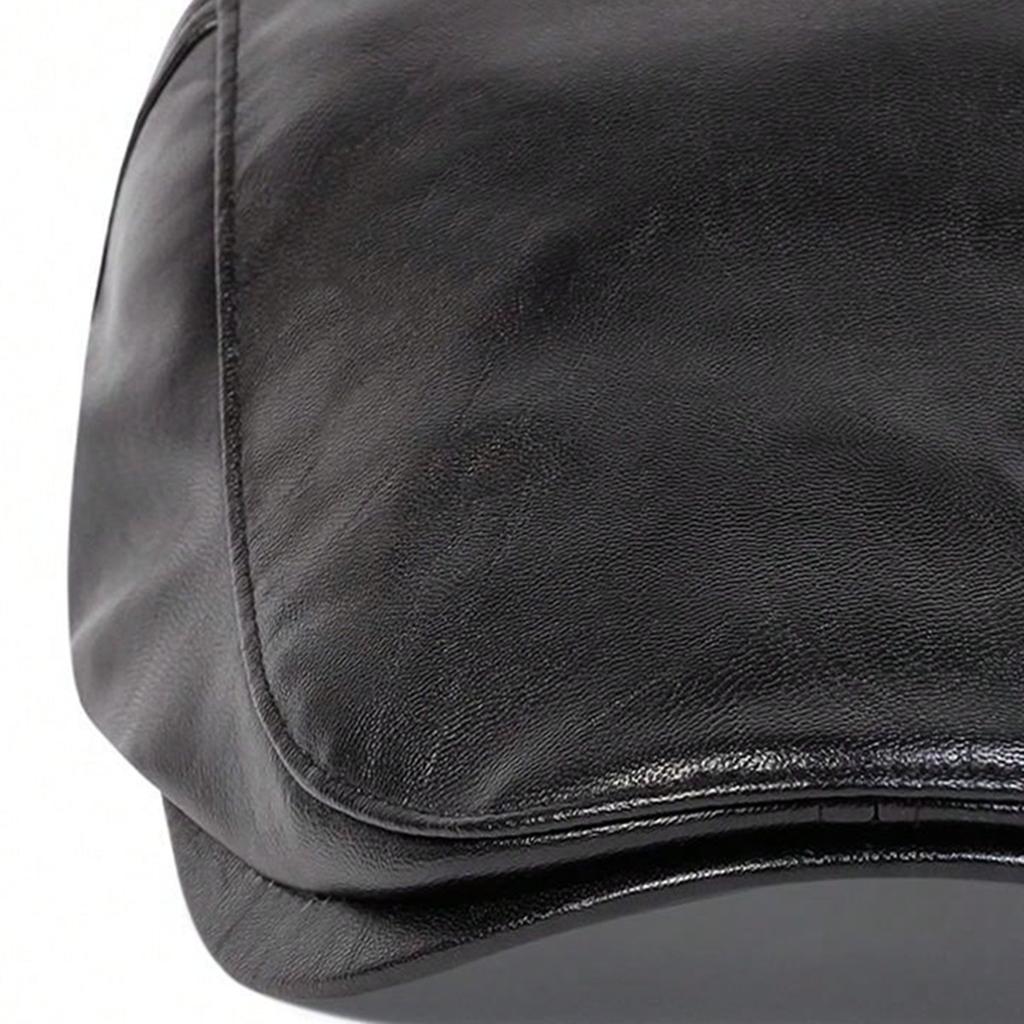 1Piece Men Solid Color Thick Pu Leather Forward Cap Duckbill Cap Outdoor Adjustable Warmth Sunscreen Casual Hat Suitable for Autumn Winter Travel