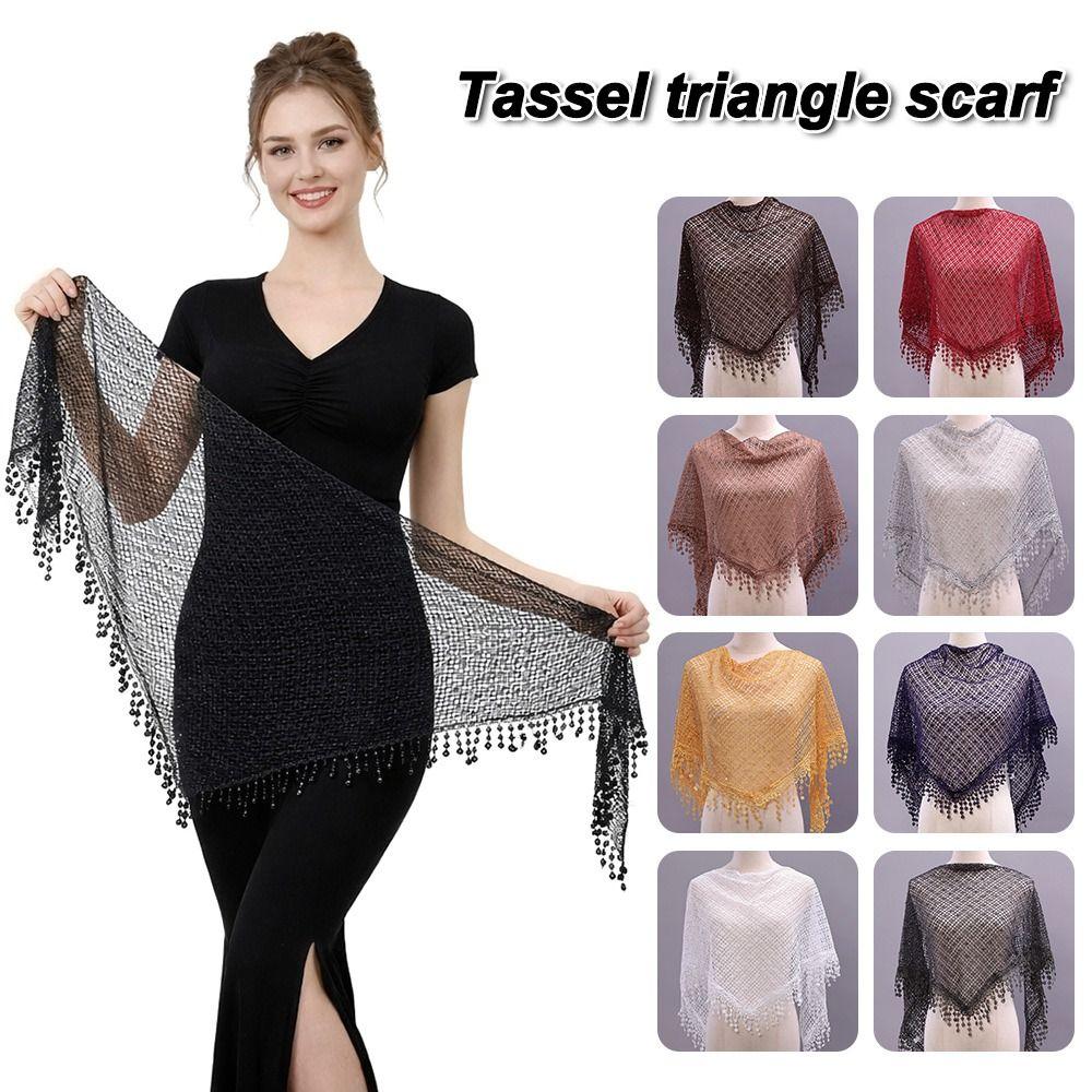 Breathable Tassels Lace Head Scarf Elegant Lace Flower Polyester Hollow Triangle Scarf Triangular Sequin Decor Scarf