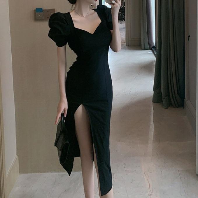 French niche knee-length dress women's summer bubble sleeve skirt temperament slim and thin high split sexy dress