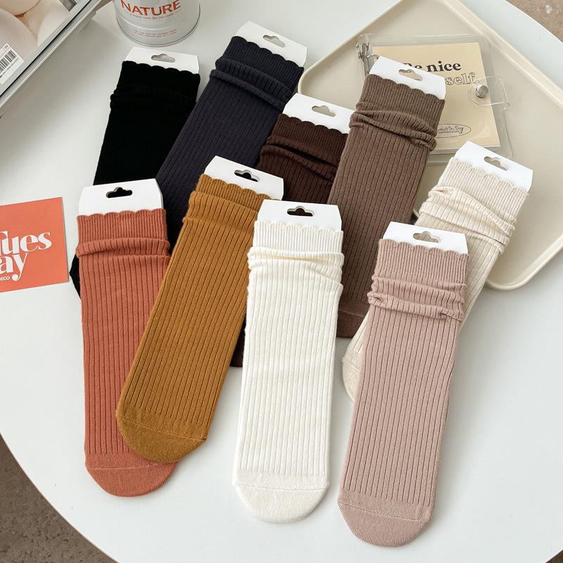 5/10 Pairs Autumn Winter Wool Socks for Women: Mid Calf Socks Fashionable Warm Versatile Pile Socks Solid Color Lace Socks Loose Fit Cashmere Socks