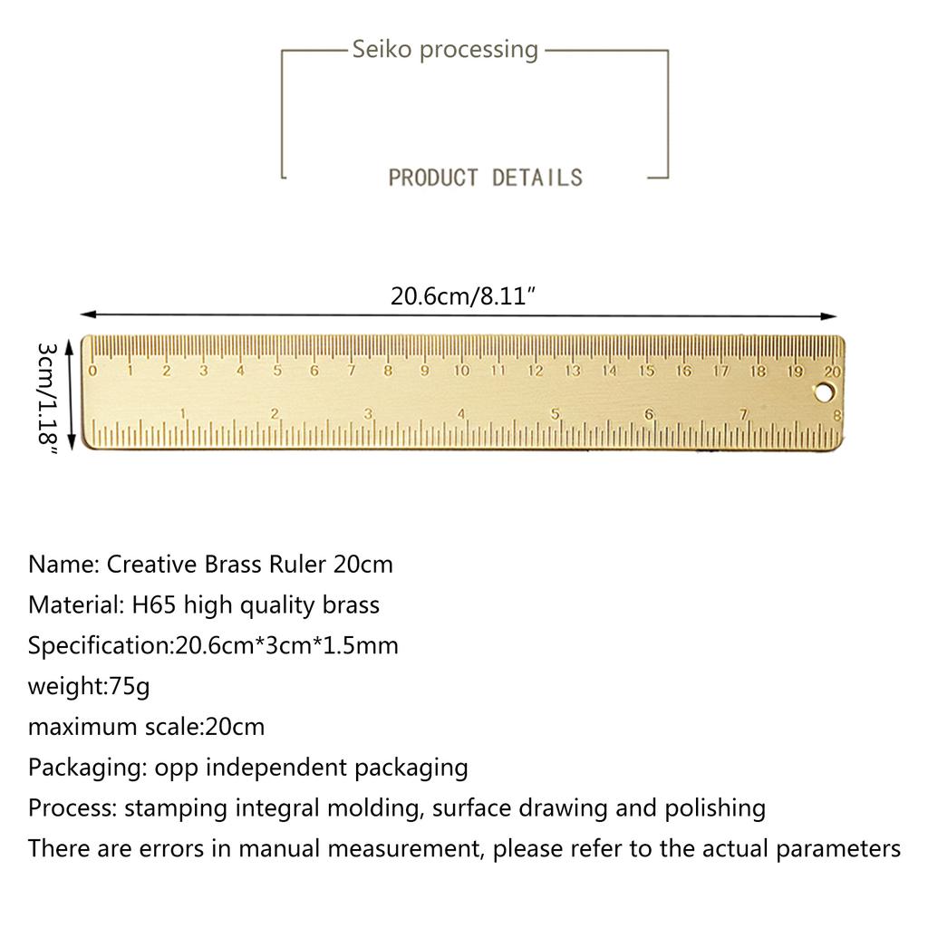 Brass Ruler Straight Ruler Plastic Measuring Tool for Student School Office(20cm, 7.9inch)