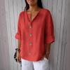 Women Shirt V-Neck 3/4 Sleeve Loose Fit Pullover Tops Buttons Decor Breathable Casual Tops Daily Wear
