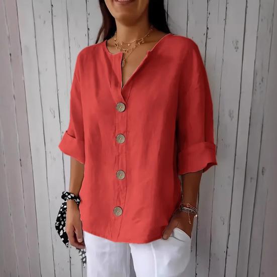 Women Shirt V-Neck 3/4 Sleeve Loose Fit Pullover Tops Buttons Decor Breathable Casual Tops Daily Wear