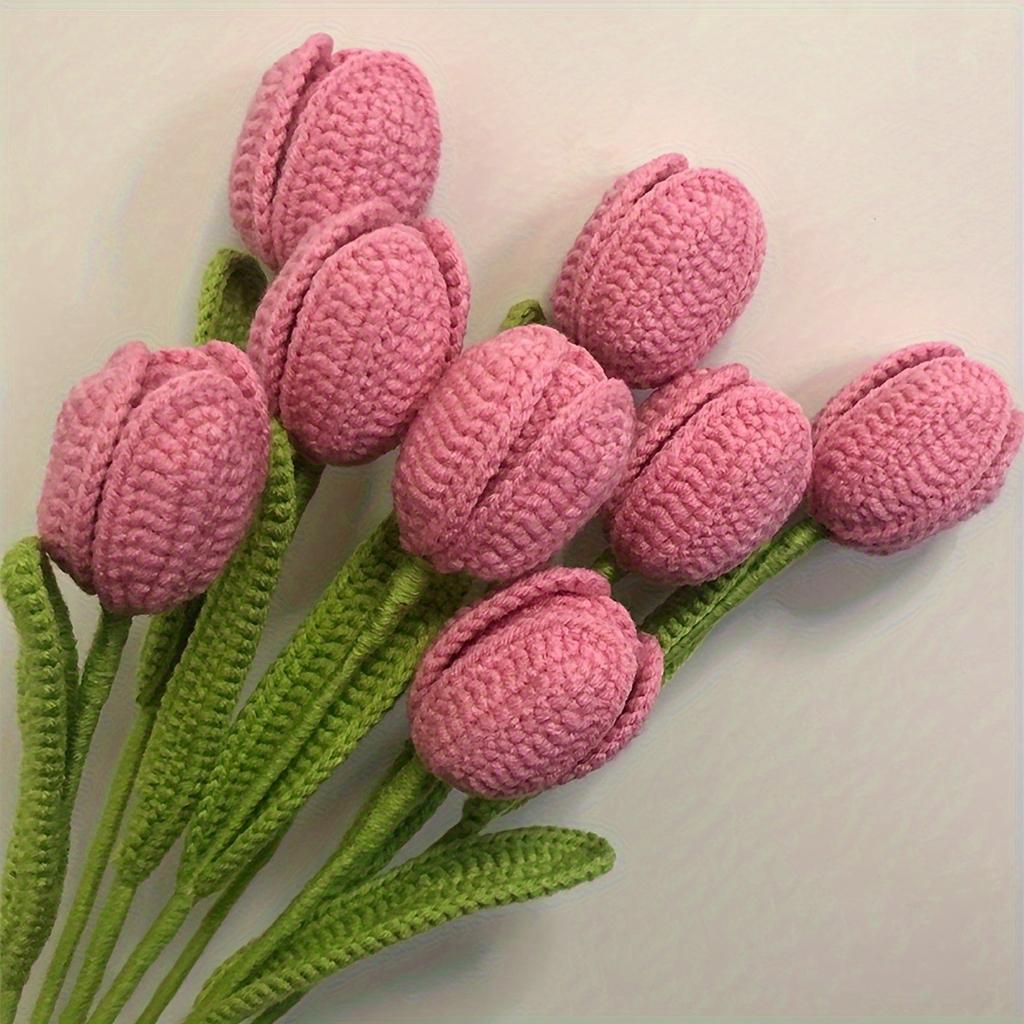 6 Pcs Forever Flowers Fake Tulips Artificial Flower Bouquet for Decoration Tulip Crochet Bouquet for Table Decor Handmade with Stem & Leaf Tulip