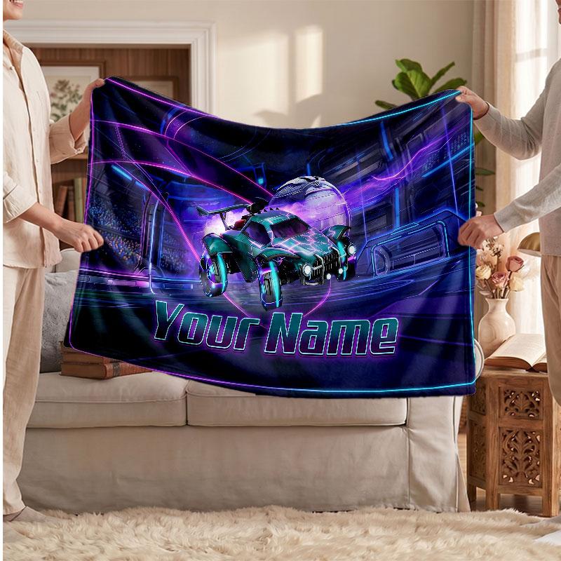 Rocket League Personalized Flannel Blanket, Custom Printed Text Name, Warm Soft Blanket For Couch Bed