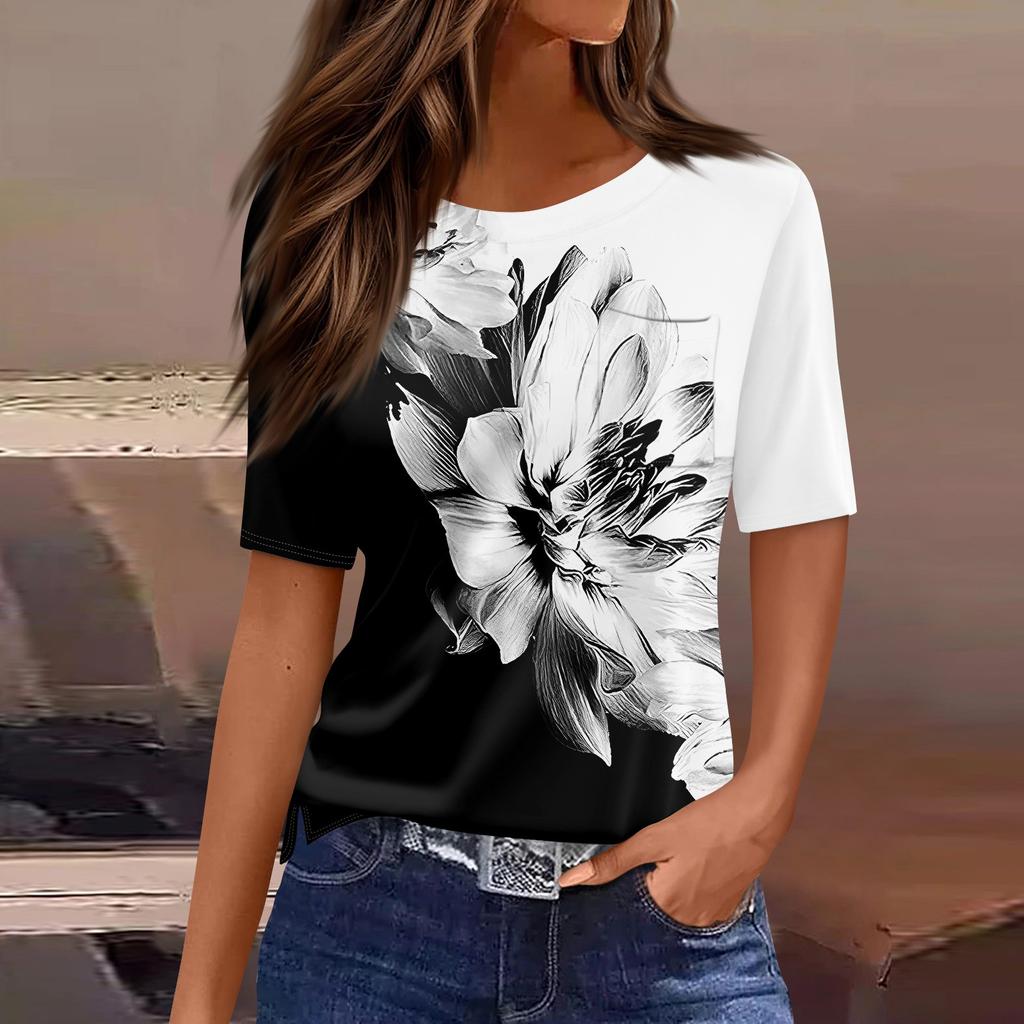 Футболки для женщин, плиссированные, с круглым вырезом, нарядные, повседневные, блузки с принтом, с коротким рукавом, летние топы, свободный крой