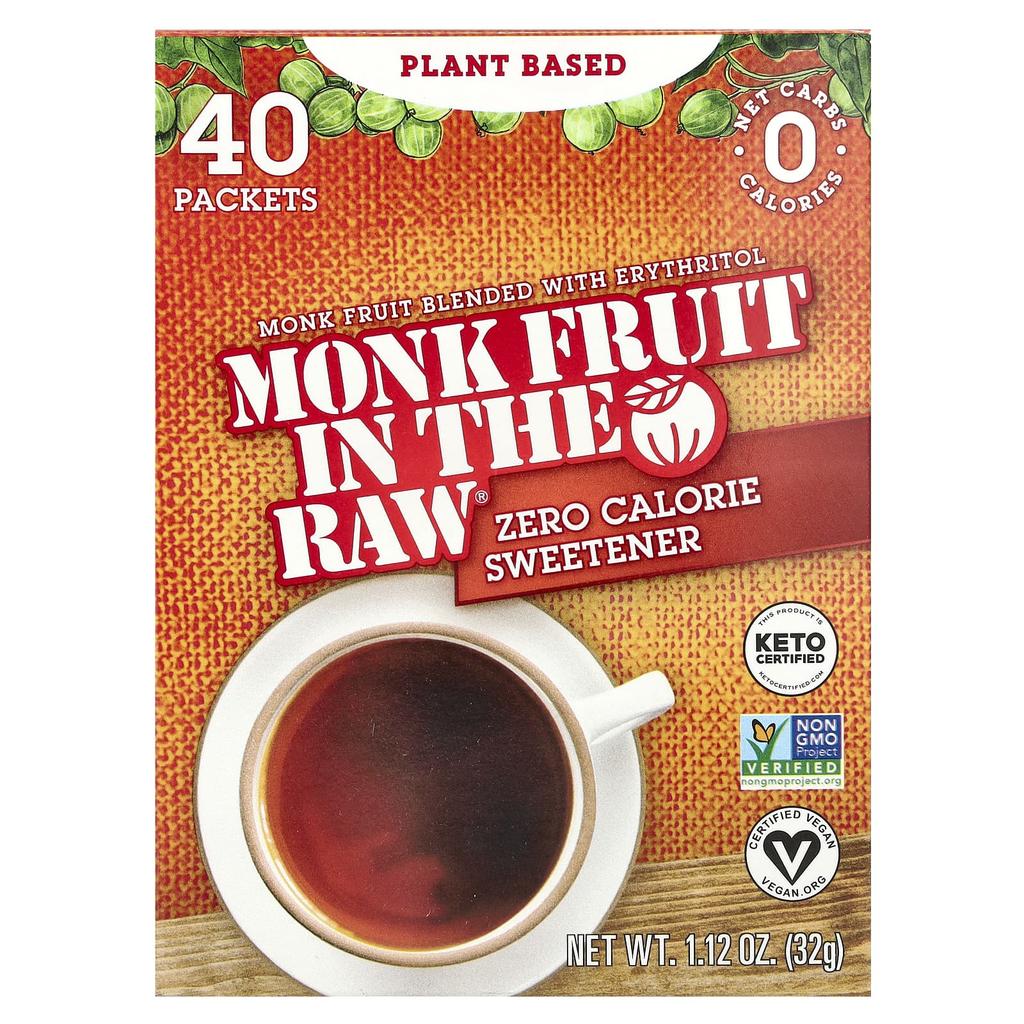 In the Raw, Monk Fruit In The Raw®, подсластитель с нулевой калорийностью, 40 пакетиков, 1,12 унции (32 г)