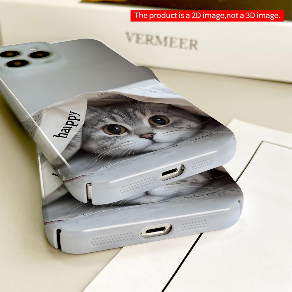Cute Cat Under Newspaper with “Happy” Text All inclusive film hard phone case, compatible with iPhone 18 Pro Max 17 16 15 14 13 12 11