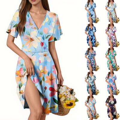 Женское платье с рукавами-трубами, короткими рукавами, повседневное платье с цветочным принтом и V-образным вырезом