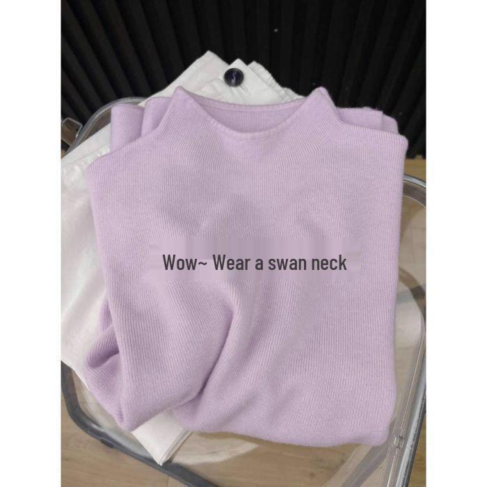 Women's Slim-Fit Long-Sleeve Half-High Neck Knitted Top - Whitening Dark Green, Autumn/Winter, Versatile for Single or Layered Wear.