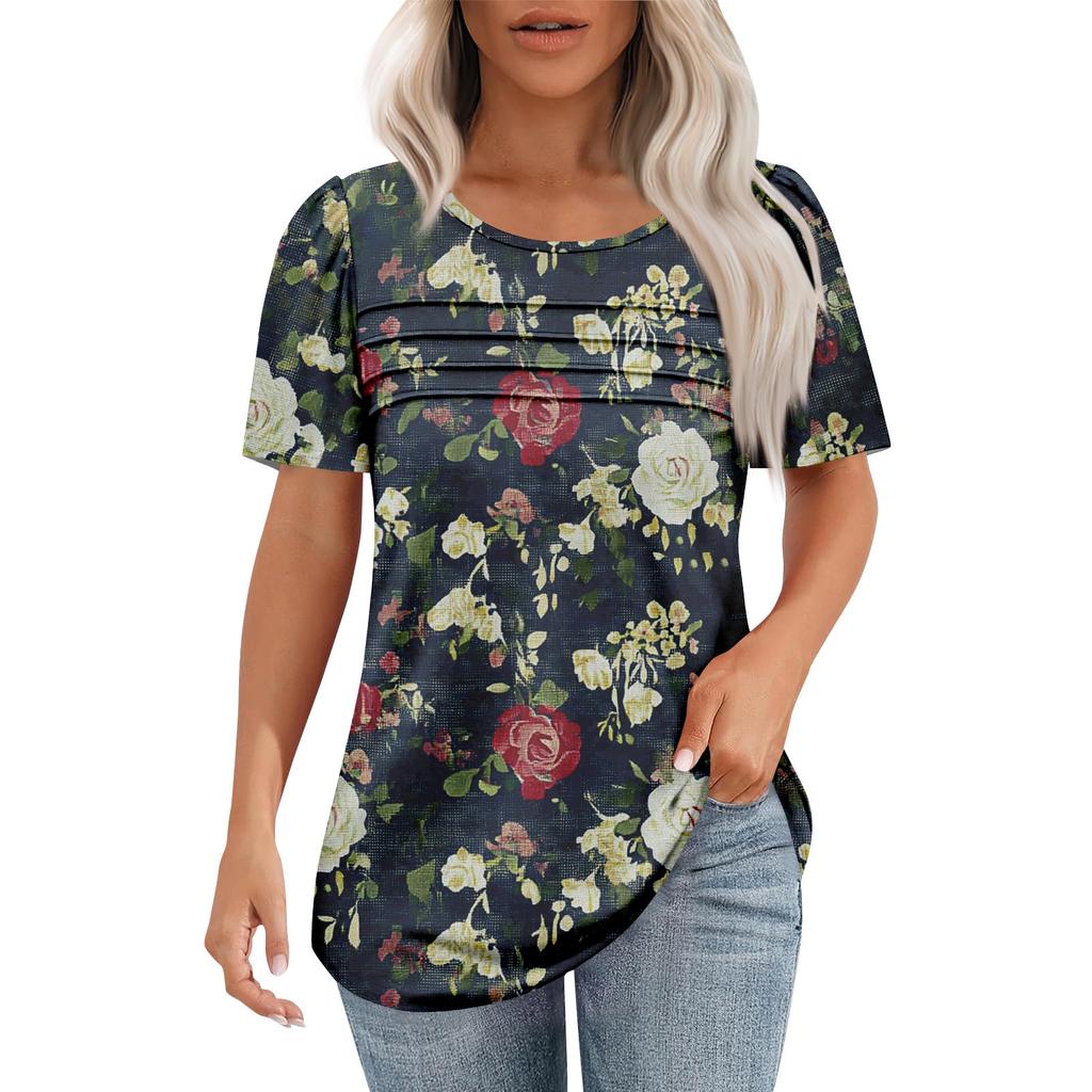 Женская модная рубашка с круглым вырезом и короткими рукавами в складку