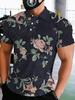 Printed Design – Not Textured Men's Short Sleeve Polo Fashion Golf Shirt in Dark Blue with Pink and Green Floral Pattern, Stylish Casual Men's T-Shirt