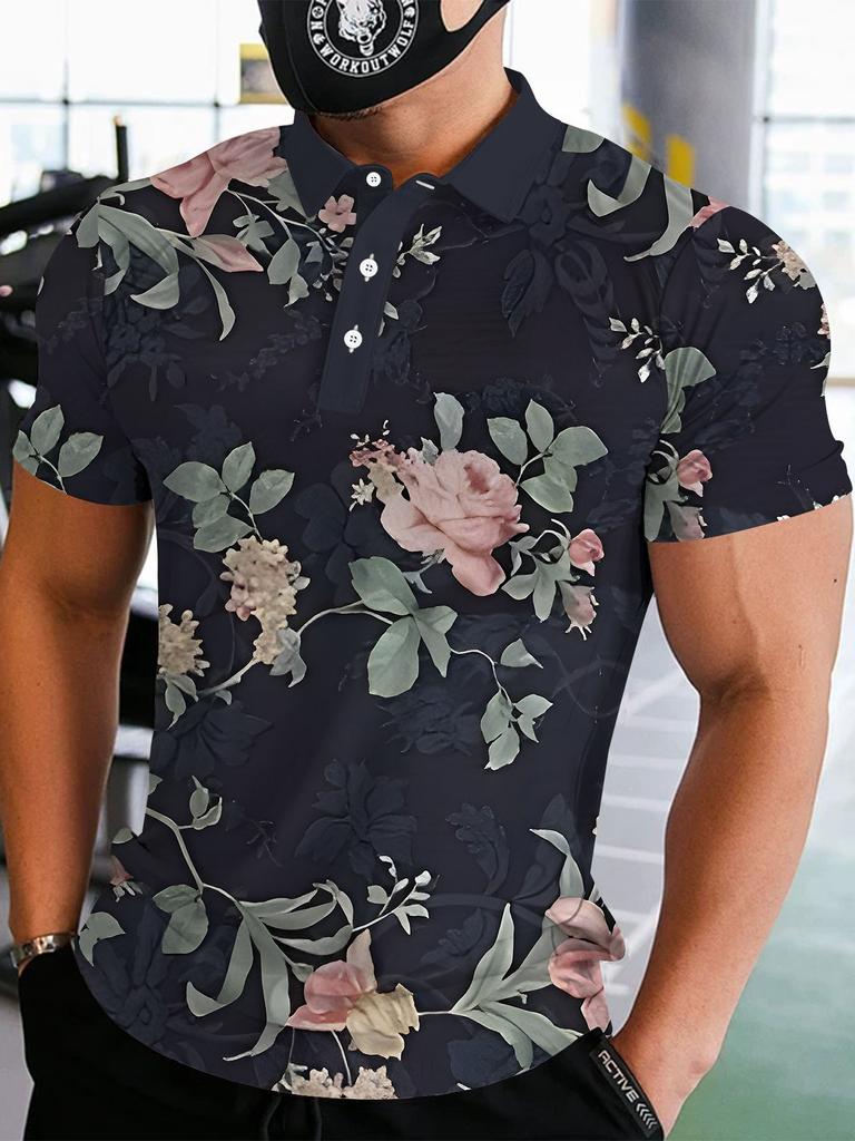 Printed Design – Not Textured Men's Short Sleeve Polo Fashion Golf Shirt in Dark Blue with Pink and Green Floral Pattern, Stylish Casual Men's T-Shirt