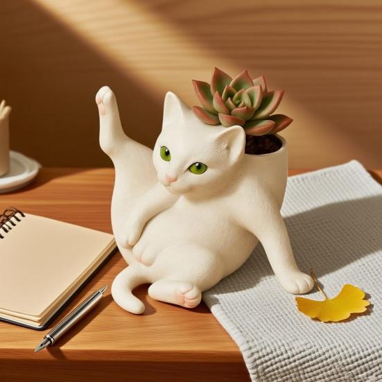 5/8-Inch Grooming Cat Planter Pot Playing Ball Cat Succulents Herb