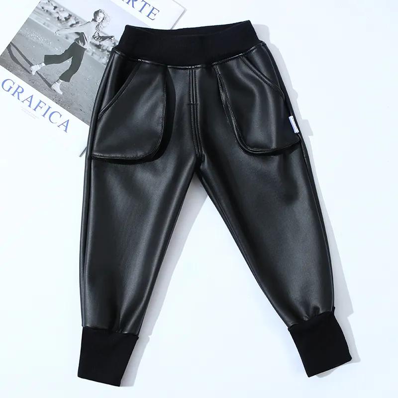 Детские кожаные штаны осень-зима плюс бархат утолщенные теплые и ветрозащитные кожаные штаны водонепроницаемые детские штаны на шнурке