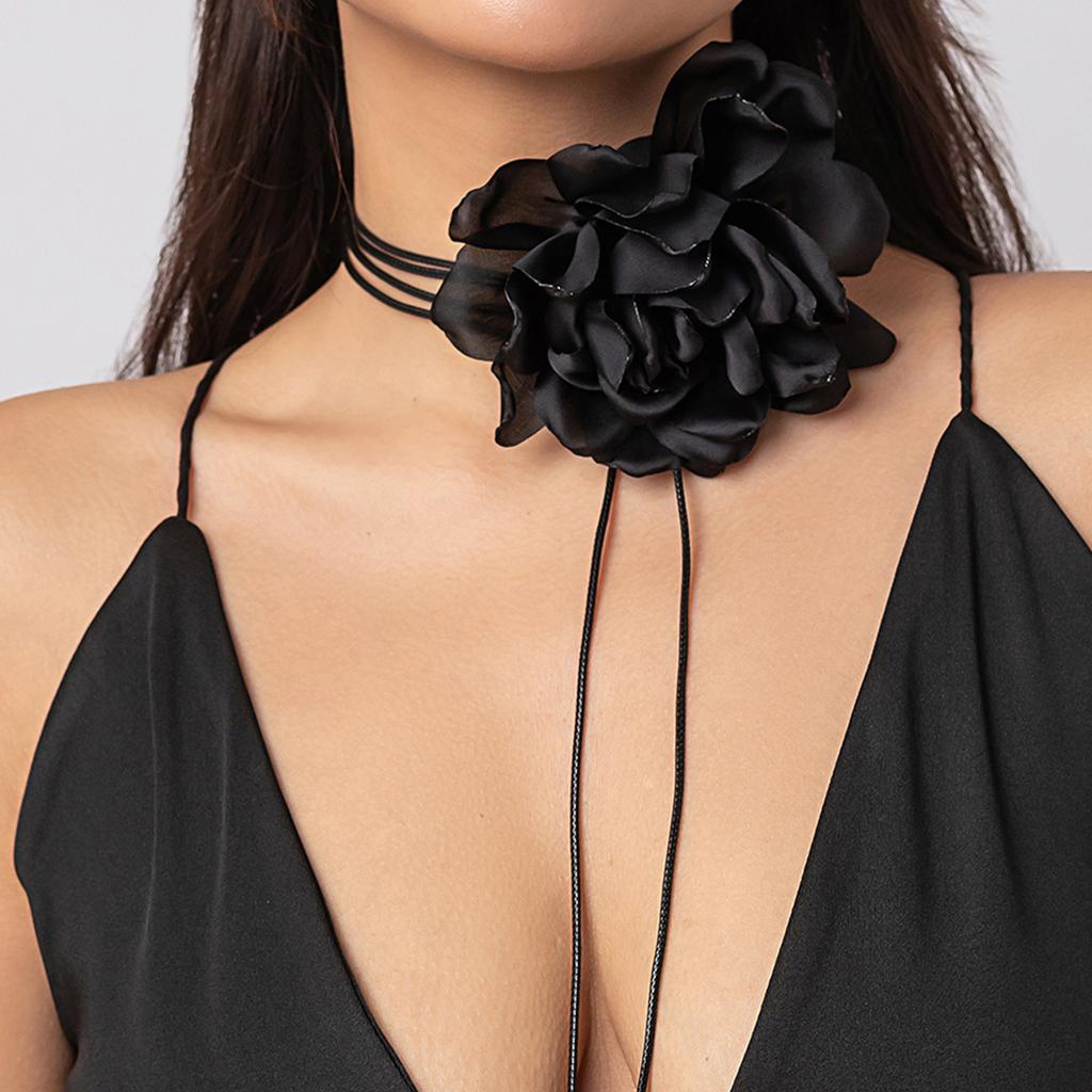 Ingemark Exaggerated Elegant Big Rose Flower Clavicle Chain Necklace Women Kpop Adjustable Bowknot Rope Choker Y2K Accessories