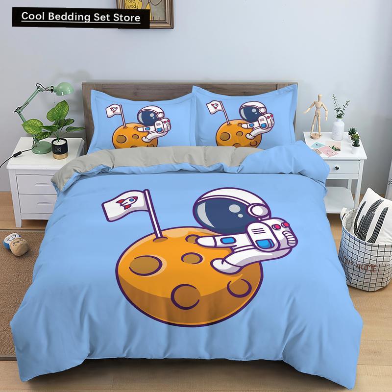 Cartoon Astronaut King Queen Duvet Cover Kawaii Spacecraft Bedding Set for Kids Outer Space Blue 2/3 Pcs Polyester Quilt Cover