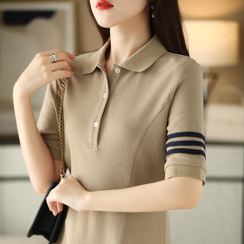 2025 Women's Summer Polo Collar Slimming Mid-Length Color Block Dress with Big Swing Cotton Skirt