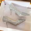 Wedding Shoes Women's Winter Bride Shoes Sequined Wedding Dress Two Wear Crystal Shoes New Silver Bridesmaids High Heels Thin Heels Not Tired Feet