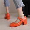 Patent PU Leather Orange Red Closed Toe Women Pumps Big Size 47 48 Mature Lady Office Shoes Buckle Strap Mary Jane Chunky Heels Big Plus Size 48