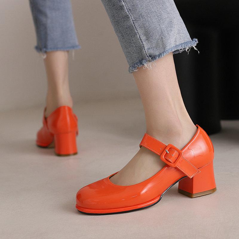 Patent PU Leather Orange Red Closed Toe Women Pumps Big Size 47 48 Mature Lady Office Shoes Buckle Strap Mary Jane Chunky Heels Big Plus Size 48