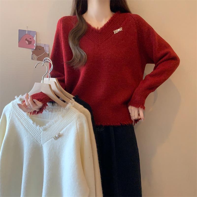 Fashion Sweet Tassel V-neck Red Pullover Sweater Women Autumn and Winter New Thick Warm Knitted Sweaters Women Elegant Solid Casual Jumpers Tops 25841