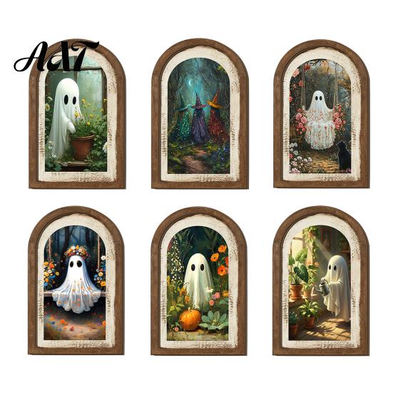 Retro Halloween Room Decor Ghost/Witch Arched Wall Decor, Cute Ghost Table Sign, Rustic Farmhouse Shelf Wooden Sign Decorative Hanging Art for Mantel