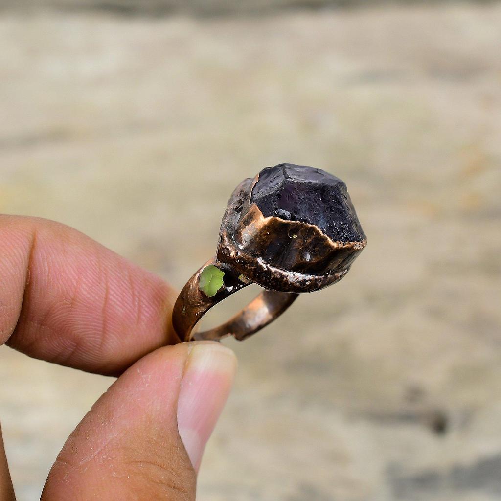 African Amethyst Rough Ring Green Tourmaline Rough Gemstone Ring Electroformed Copper Ring Adjustable Rings Handmade Electroformed Jewelry
