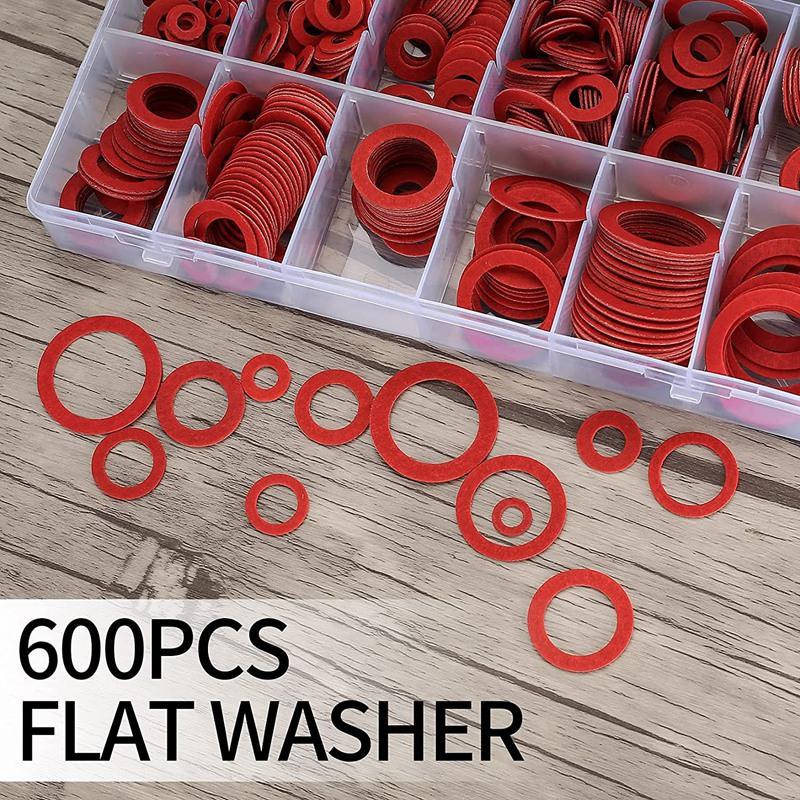 Newest 600Pcs Fibre Washer Assorted Kit 12 Size Red Steel Paper Fiber Flat Washer Kit Flat Ring Seal Assortment Kit