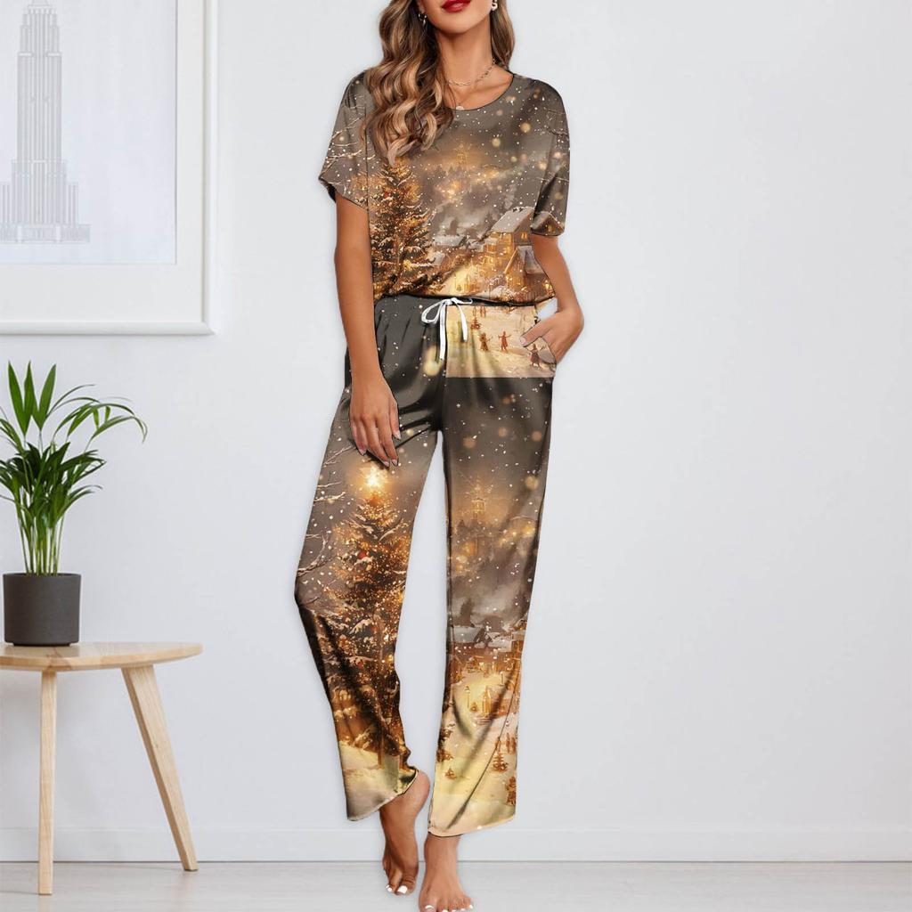 Женский шелковый атласный пижамный комплект с рождественским принтом, рубашка с коротким рукавом и длинные пижамные штаны, мягкая домашняя одежда